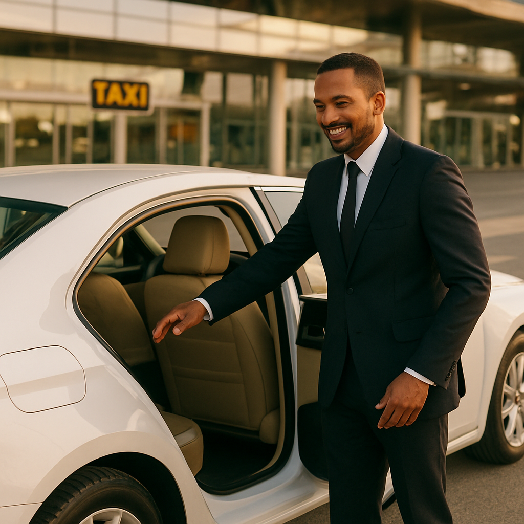Professional driver opening a taxi door for a passenger