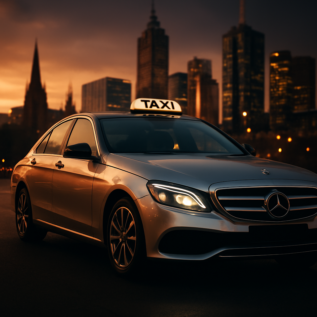 Premium silver service taxi on a Melbourne street at dusk